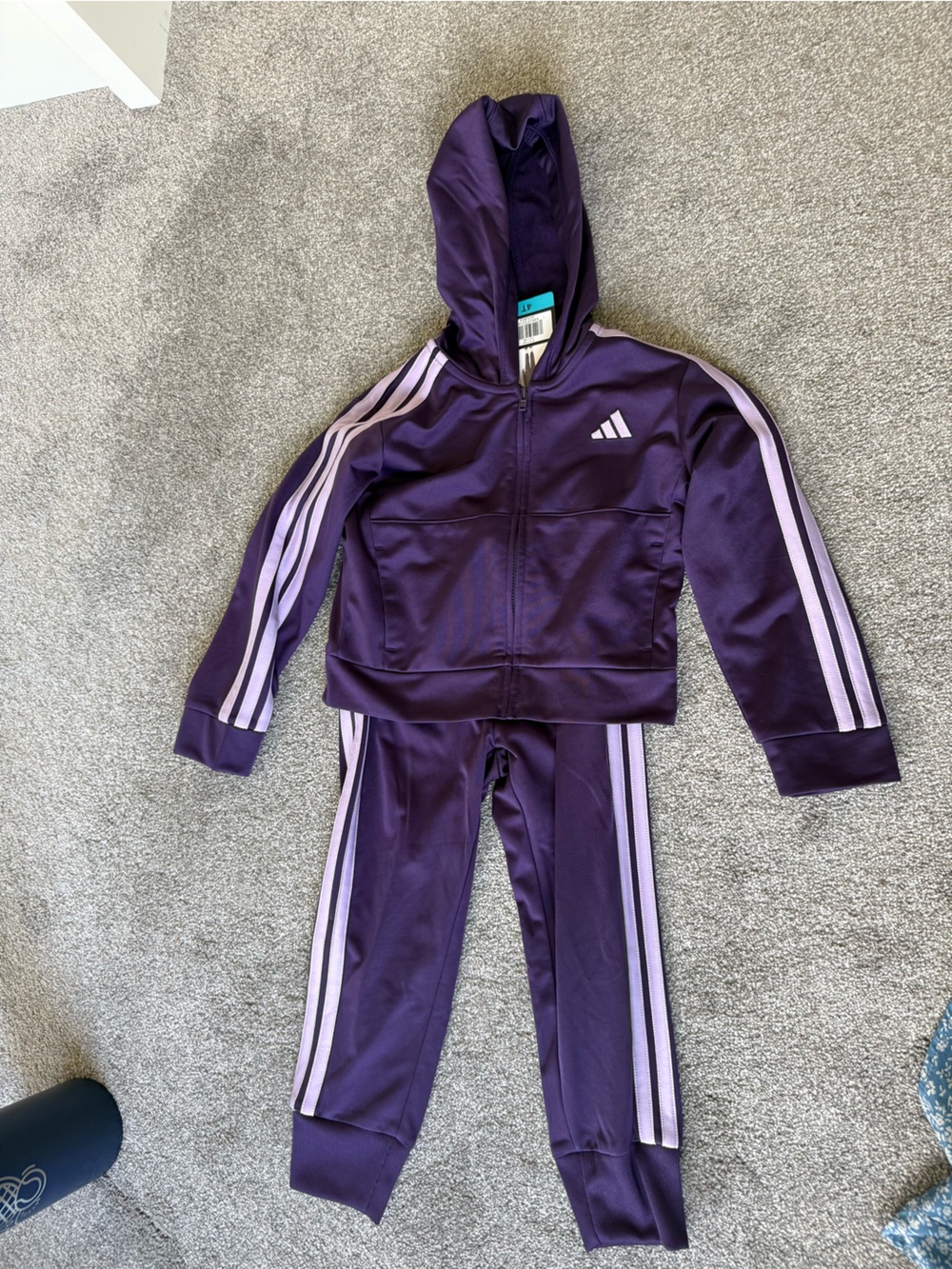 Adidas Kids Purple Hooded Track Pants with Light Purple Stripes